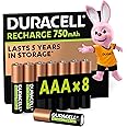 Duracell AAA Rechargeable Batteries (Pack of 8), 750 mAh NiMH, 1000 cycles, pre-charged, Long Lasting Power with a 0% plastic 100% recyclable packaging