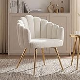 Chairus Dressing Chair, Faux Wool Chair with Gold Legs, White | Living Room Chair, Back with Finger Design, Integrated Armres