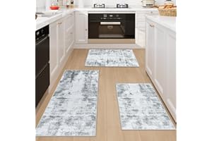 Famibay Kitchen Rug Sets 3 Piece Kitchen Mats Non Slip Washable Kitchen Runners Floor Mat Grey Modern Abstract for Kitchen Laundry Room Hallway 50x120cm+50x80cm+50x80cm