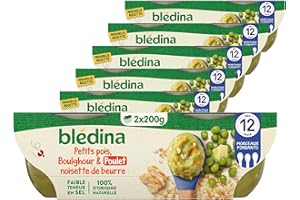 BLÉDINA - Bols - Repas Midi Bébé - Petits Pois, Boulghour et Poulet Noisette de Beurre - dès 12 Mois - sans Sel Ajouté - 12 x 200 g