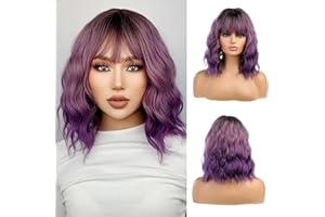 ‎OUFEI OUFEI Ombre Lila Perücke mit Pony Lockige Perücken für Frauen Kurze Wellige Perücken Synthetisches Haar Hitzebeständige Perücken für Tägliche Party Cosplay Tragen