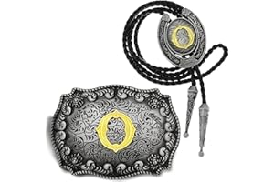 Yjfeshion 2 Pieces Western Cowboy Belt Buckle Bolo Tie Set Golden Initial Letter ABCJ to Z Rodeo Belt Buckles for Women Men