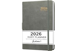 INDEME Diary 2026 - Diary 2026 Day to Page, A5 Day Per Page from January 2026 - December 2026 with Pen Loop, 180° Flat Out, Monthly Stickers, grey