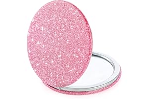 Andibro Petit miroir compact à paillettes, poche pliable, 2 faces grossissantes, miroir cosmétique rond en cuir synthétique pour femmes et filles (rose)