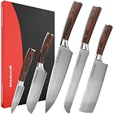 Matakumi Engraved Damascus Kitchen Knife Set, Sharp Carbon Steel Blades with Ergonomic Handles for Durable Use, 5 Piece Set P