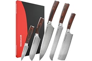 Matakumi couteau cuisine japonais inspiré set avec motif damassé gravé, lames en acier au carbone avec manche ergonomique pour un confort durable, 5 pièces couteau cuisine professionnel