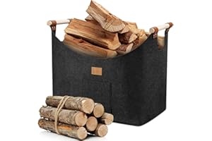 MZJAUVF 96LCesto Portalegna, Borsa In Feltro per Legna da Ardere, Pieghevole Borsa Porta Legna, Cesta Legnas Camino con Tasca Laterale, Cesta Porta Legnas, 60x40x40Cesta Legnas da Interno,Grigio Scuro
