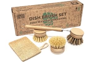 Jungle Culture Kit de 4 Brosses à Vaisselle Naturelles en Bambou • Éco Brosse pour Pots, Casseroles & Plats • Éponge Loofah Biodégradable • Durables et Écologiques