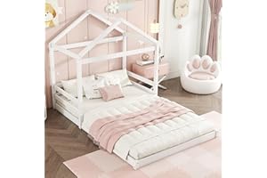 Aoskem Children's Bed House Bed Double Bed 140 x 200 cm, Floor Bed, Flat Bed, Youth Bed, Wooden Bed, House Shape, Bed Frame with Slatted Frame, Pine Frame, Without Mattress (White)