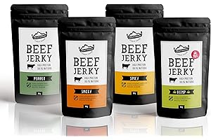 ‎CRAFTSMAN FINEST FOODS Craftsman Beef Jerky ohne Zucker 100% natürlich | Set 4 x 50 g = 200 g Probierpack | Aus Deutschland - Bayern | Dörrfleisch Mix | Protein 68% | Trockenfleisch | Hanf Pfeffer Smoky Chili