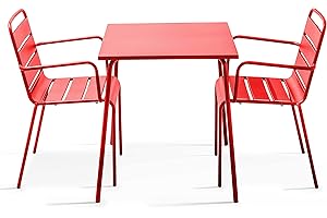 Oviala Ensemble Table de Jardin carrée et 2 fauteuils Acier Rouge - Palavas