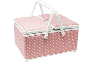Korbond Cesta de costura con doble tapa, diseño de lunares, color rosa, 17 x 24 x 31 cm