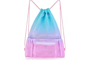 NIDOUL Mesh Drawstring Bag with Zipper Pocket, Beach Bag for Swimming Gear Backpack Gym Storage Bag for Adult Kids Pink Blue