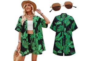 Marypaty Camisa Hawaiana Mujer Camisa de Playa Camisas Causal de Verano para Mujer Pantalones Cortos Conjunto Gafas de para El Sol