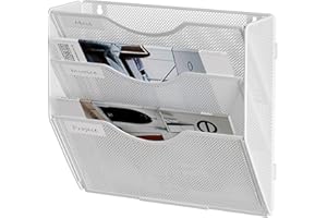 Senhoglb A4 Zeitungshalter Wand 3-stöckig Netzstoff Hängeregistraturhalter Zeitschriftenständer Wandordner Organizer mit Taschen Metall Dokumenten Organizer Prospekthalter Wand für Büro, Weiß