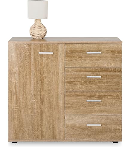 Commode 4 Tiroirs MDF Effet Chêne – 90 X 70 X 40 Cm – Rangement Salon Ou Chambre – Style Intemporel