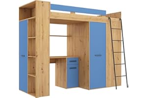 BIM Furniture, VERANA P - Letto a castello, letto a soppalco, 190x90 cm, con scale, armadio, mensola, scrivania, per bambini, lato destro (rovere Artisan/blu)