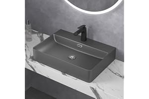 DOPORRO Sogood Lavabo à Poser Gris Noir Mat Vasque Suspendu en Céramique Lave Mains Rectangulaire de Qualité pour Salle de Bain 60x42x12cm Meissen201-600