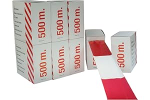 BAUSUPERMARKT24 1 Rolle 500 Meter Absperrband Warnband Flatterband 500m lang 80mm breit rot/weiß doppelseitig geblock rot Weiss im Abrollkarton für Ihre Veranstaltung Gefahrenstelle Baustelle