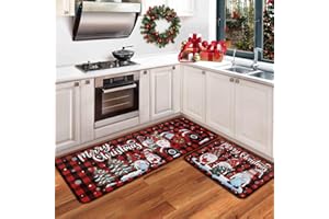 ZoneYan Tappeti da Cucina Natalizi, 40 x 120 cm + 40 x 60 cm, Antiscivolo Tappeto Natalizio, Gnomi Appetino Natalizio, Rosso Zerbino Natalizi, Zerbini Cucinas Natalizia, Gnomi Tappeti da Cucina
