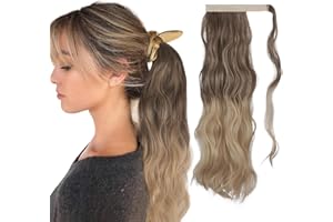 FESHFEN Coleta Postiza Rizada Pelo, 60 cm Largo Ondulado Wavy Ponytail Extension Castaño Oscuro a Rubio Arenoso Cola de Caballo Extensiones Clip Postizos de Pelo Rizado para Mujeres