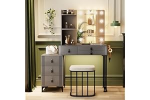 FREDEES Schminktisch mit Beleuchtung & Spiegel, Schminktisch mit verstellbaren 3 Farben LED-Beleuchtung und Ladestation, Groß Schminktisch mit Stuhl, 6 Schubladen, Glas-Schreibtischplatte, Grau