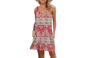 WNEEDU Vestidos Mujer Casual Playeros Verano Vestido Corto Sin Mangas Cuello en V con Bolsillos