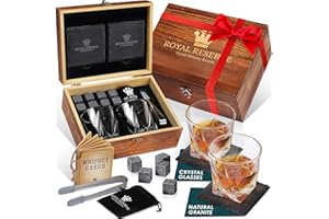 ROYAL RESERVE Zestaw upominkowy do whisky, 2 sztuki, kamienie, podstawki i drewniane pudełko, prezenty urodzinowe dla mężczyzn, męża, przyjaciela, taty, chłopaka, brata, szefa, teścia, zestawy upominkowe do whisky