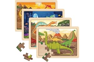 SYNARRY Wooden Dinosaur Jigsaw Puzzles for Kids Ages 3 4 5 6, 4 Packs 24 Piece Dino Puzzles, Preschool Educational Boards Games Gifts for Children, Dinosaur Toys for 3 4 5 6 Year Old Boys Girls