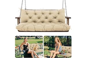 Amdieu Garden Swing Cushions 3 Seater Waterproof Bench Cushions with Backrest and 8 Ties12cm ﻿Thick Swing Cushions Replacement for Outdoor Furniture Garden Swing Porch Patio(Khaki-150 x 100 cm)