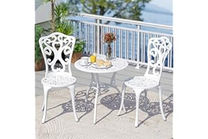 GOPLUS Salon de Jardin Exterieur 2 Personnes,3 PCsTable Exterieur avec 2 Chaises à Haut Dossier en Aluminiu, Motif RetroTrou pour Parasol Intégré, pour Jardin, Balcon, Patio, Terrasse= (Blanc)