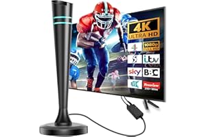 FADISH TV Aerial - Amplified Indoor TV Aerial with Booster 250+ Long Range Reception for Freeview TV Support 4K 1080P HDTV & 14.8ft Coax Cable
