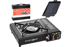 ‎EVOCAMP Gaskocher 1-flammig mit Piezozündung, Campingkocher für Gaskartuschen MSF-1a 227 g, Camping Herd mit Tragekoffer - Ideal für Outdoor (1-flammiger Gaskocher + Grillplatte BBQ)