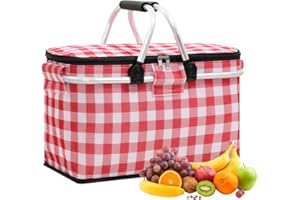 KYSUN Panier de Pique-Nique Pliable, Sac Isotherme 30L, Panier Thermique avec Poignée, Panier à Provisions, Grande Capacité, pour Camping, Voyages, Shopping, Activités de Plein Air (Rouge-Blanc)