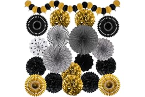 Recosis Schwarz Gold Party Dekoration, Papier Pompoms Aufhängen Fächer Girlande für Geburtstag Set Abschlussfeier Ruhestandsfeierdekor Graduierung Party Karneval Fasching Partydekorationen