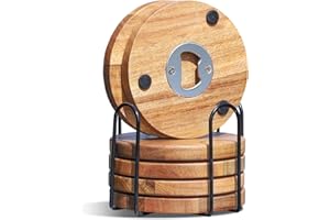 WLWNWFT Wood Coasters for Drinks with Bottle Opener Holder Set of 6, Acacia Wooden Coasters for Coffee Table Dining Table Desk with Non-Slip Pad Cup Coasters for Home Office Christmas Decor 4 Inch