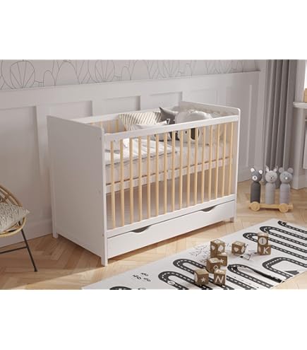Lit Bébé Cangaroo Wing 120x60 Cm - Bois De Hêtre - 3 Hauteurs Réglables - Roues Avec Frein - Blanc