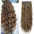 Gairyan Clip in Hair Extensions Curly Wavy Long Hair Pieces 6PCS Full Head Synthetic Hair Extension Thick Natural Look for Women, 20 Inches 140g, Medium Brown & Dark Blonde