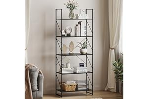 YITAHOME Libreria a 5 livelli, scaffale a terra, scaffale in legno e struttura in metallo, scaffale per libri per soggiorno, casa e ufficio, nero