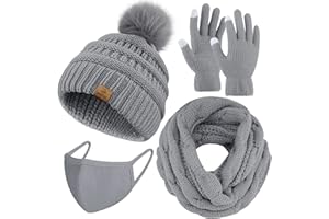 URATOT Winter Warm Knitted Sets Beanie Pompom Hat Scarves Winter Face Cover Touchscreen Gloves Scarf Set for Men Women