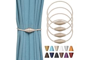 Pretty Jolly 4 Pack Upgrade Magnetic Curtain Tiebacks Handmade Weave Rope Curtain Holdbacks Convenient Decorative Cone Curtain Drape Tie Backs for Home & Office Window Drapery (Beige)