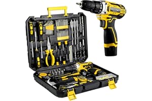 TLGREEN Caja Herramientas con Destornillador Electrico/Taladro 12V,Maletin Herramientas Completa 138 Piezas,Kit Juego de herramientas profesionales, para Bricolaje y Arreglos Diarios (amarillo)