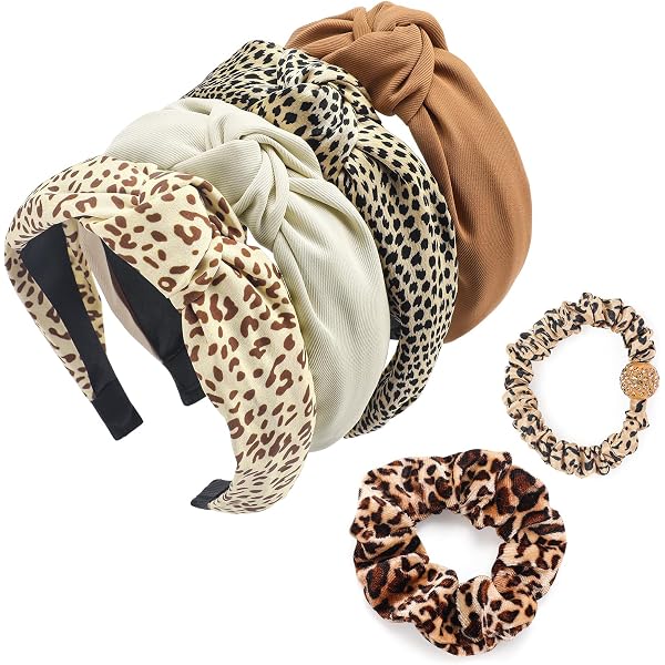 3 Stück Damen-Stirnbänder Im Set – Vintage-Look Mit Leopardenmuster & Knotendetail, Elastisch & Bequem