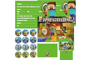Olanstar 12x Kindergeburtstag Einladungskarten mit Gamer Pixelmotiv, inklusive 12 Umschlägen und 12 Aufklebern, perfekt für Kindergeburtstagseinladungen