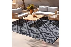 GOTGELIF Outdoor Camping Rug Waterproof 6x9FT, Large Reversible Stain&UV Resistant Plastic Straw RV Rug for Outside Patio Pool Deck Beach Indoor, Area Carpet Mat with Portable Bag&4 Stakes-Black Grey Rhombus