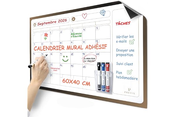 PREVIS Calendrier Mensuel Mural Effacable A2 60X40CM avec 3 feutres - Tableau organisateur mural Planning Mensuel - Planificateur Calendrier Mural 2025 Grand Format Familial