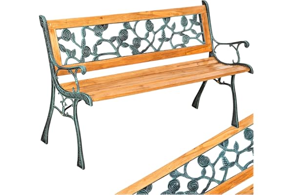 tectake® Banc de Jardin Solide en Bois Naturel laqué et Fer Forgé, Banquette de Jardin Résistant aux intempéries, Mobilier pour Amenagement Balcon Terrasse Veranda Pergola