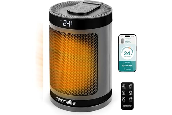SereneLife Smart Rymdvärmare, 1500W Bärbar Elektrisk Värmare för Inomhusbruk med Termostat, Wi-Fi App, Fjärrkontroll, 12-Tim Timer & Tip-Over Säkerhet för Sovrum, Kontor, Hem, Snabb PTC Keramisk