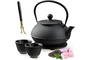 KADAX Teiera giapponese, 850 ml, bollitore in ghisa, diametro 15 cm, con filtro a rete e manico robusto, servizio da tè in stile giapponese, teiera tradizionale in ferro (nero)