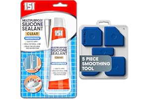 151 Clear Waterproof Silicone Sealant with 5 Piece Sealant Smoothing Tool Finishing Kit, Perfect for the Bath, Shower, Tiles, Aquariam Repairs, 70g, FREYPAC Bundle